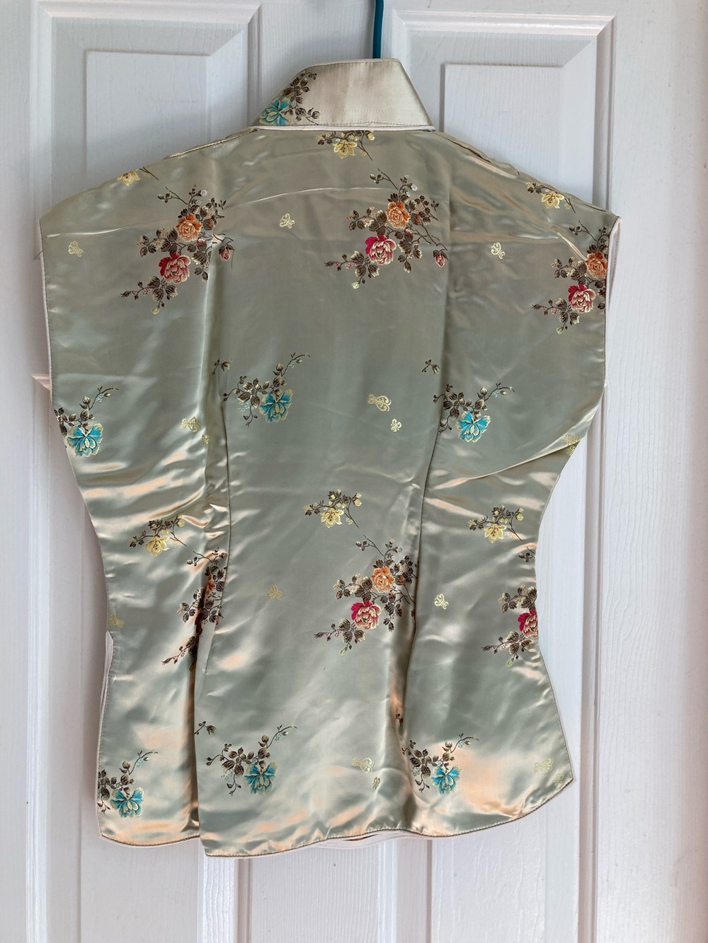 Embroidered Satin Mandarin-Style Top in Pale Sage - Picture 2 of 3